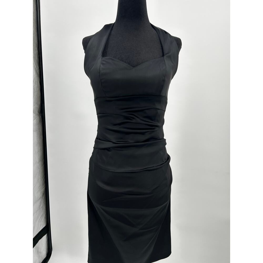 Suzi Chin Maggie Boutique Black Satin Halter Dress Size 2 Ruched Wiggle Cocktail